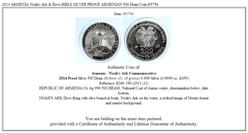 2014 ARMENIA Noah's Ark & Dove BIBLE SILVER PROOF ARMENIAN 500 Dram Coin i95756