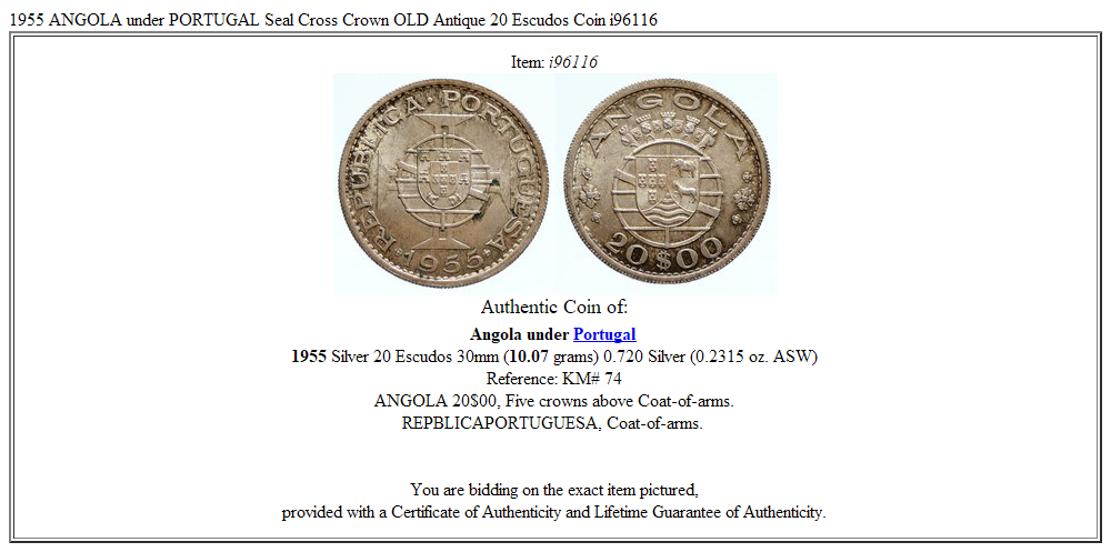 1955 ANGOLA under PORTUGAL Seal Cross Crown OLD Antique 20 Escudos Coin i96116