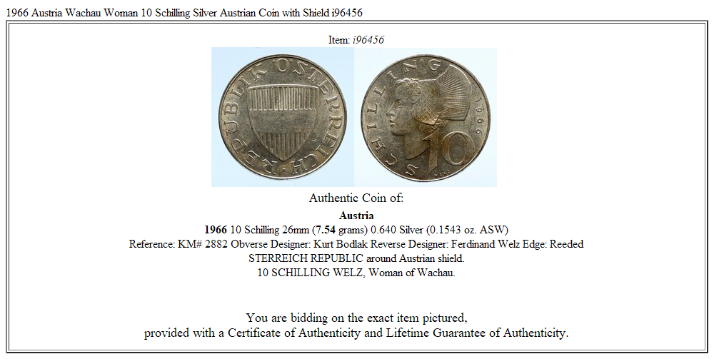 1966 Austria Wachau Woman 10 Schilling Silver Austrian Coin with Shield i96456