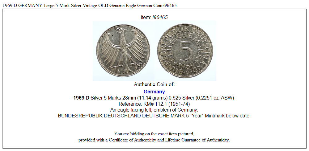 1969 D GERMANY Large 5 Mark Silver Vintage OLD Genuine Eagle German Coin i96465