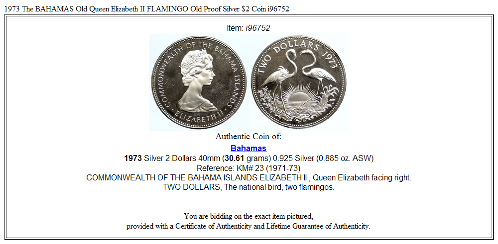 1973 The BAHAMAS Old Queen Elizabeth II FLAMINGO Old Proof Silver $2 Coin i96752