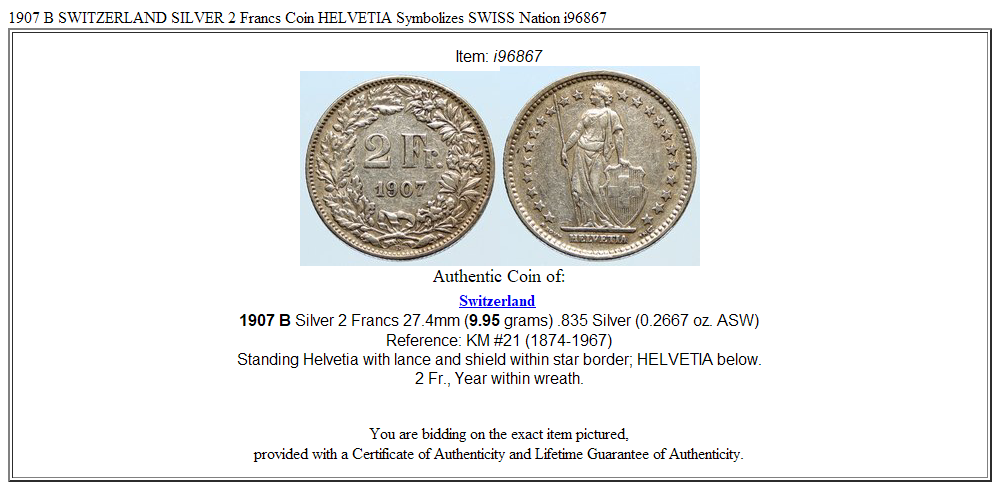 1907 B SWITZERLAND SILVER 2 Francs Coin HELVETIA Symbolizes SWISS Nation i96867