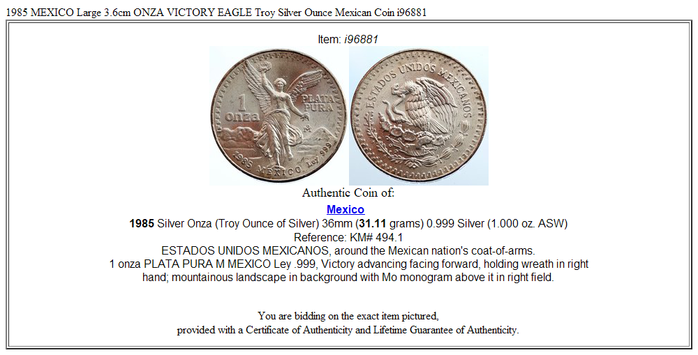 1985 MEXICO Large 3.6cm ONZA VICTORY EAGLE Troy Silver Ounce Mexican Coin i96881