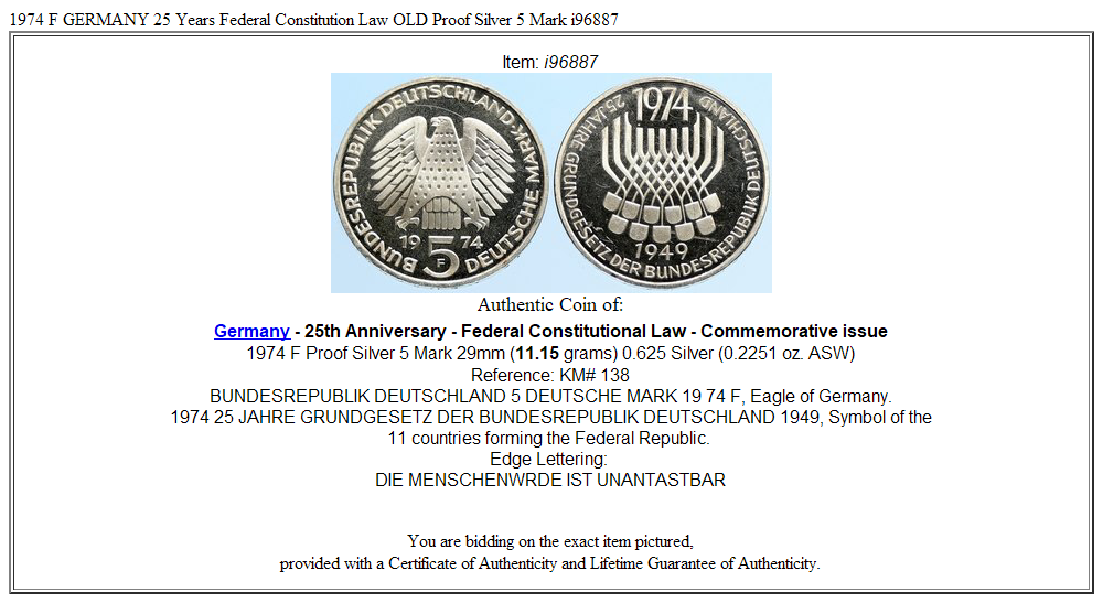 1974 F GERMANY 25 Years Federal Constitution Law OLD Proof Silver 5 Mark i96887