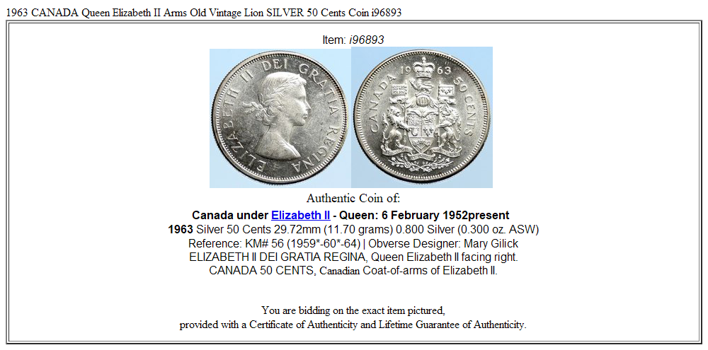 1963 CANADA Queen Elizabeth II Arms Old Vintage Lion SILVER 50 Cents Coin i96893