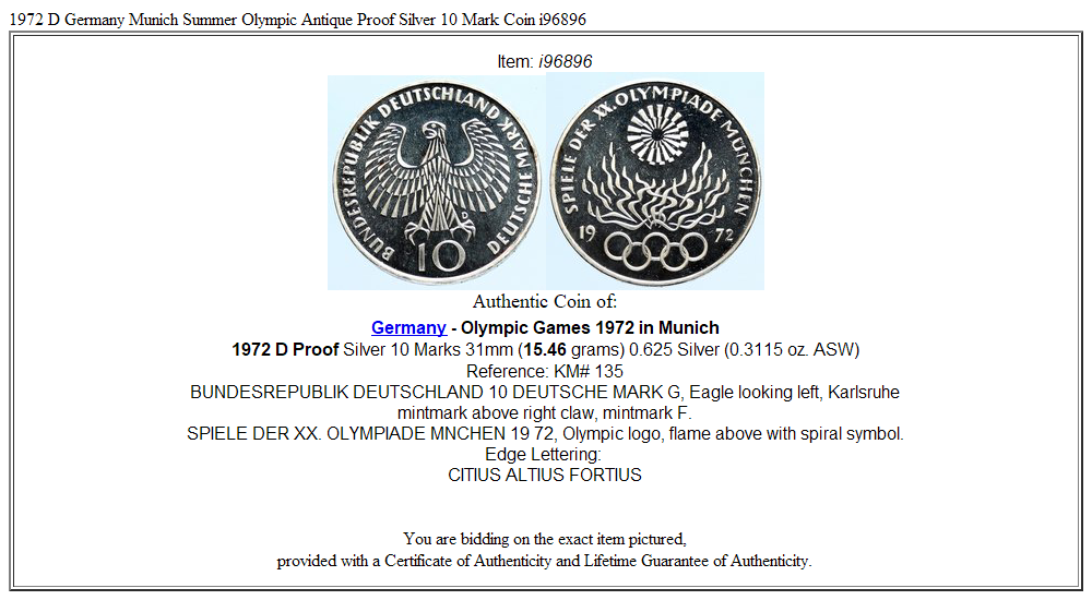 1972 D Germany Munich Summer Olympic Antique Proof Silver 10 Mark Coin i96896