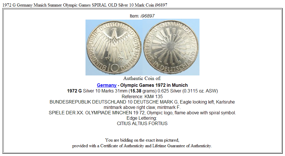 1972 G Germany Munich Summer Olympic Games SPIRAL OLD Silver 10 Mark Coin i96897