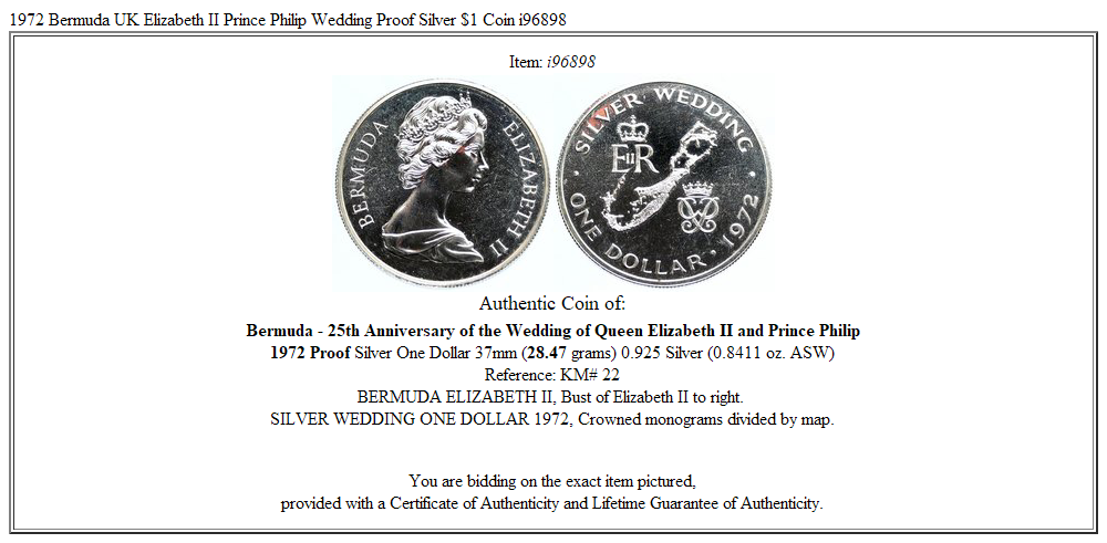 1972 Bermuda UK Elizabeth II Prince Philip Wedding Proof Silver $1 Coin i96898