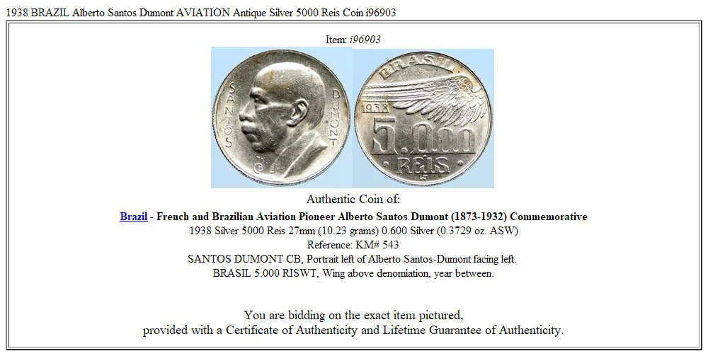 1938 BRAZIL Alberto Santos Dumont AVIATION Antique Silver 5000 Reis Coin i96903