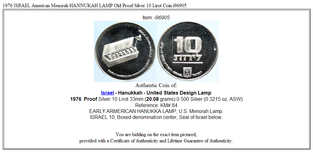 1976 ISRAEL American Menorah HANNUKAH LAMP Old Proof Silver 10 Lirot Coin i96905