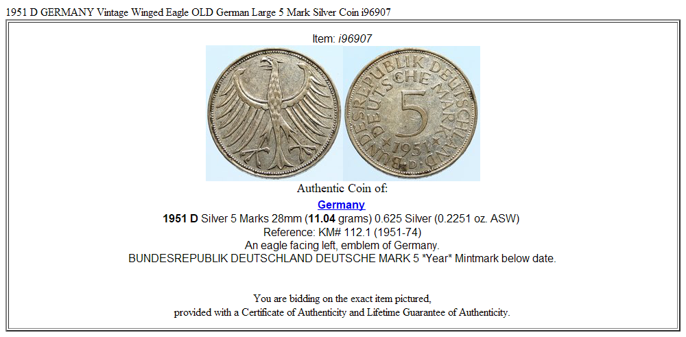 1951 D GERMANY Vintage Winged Eagle OLD German Large 5 Mark Silver Coin i96907