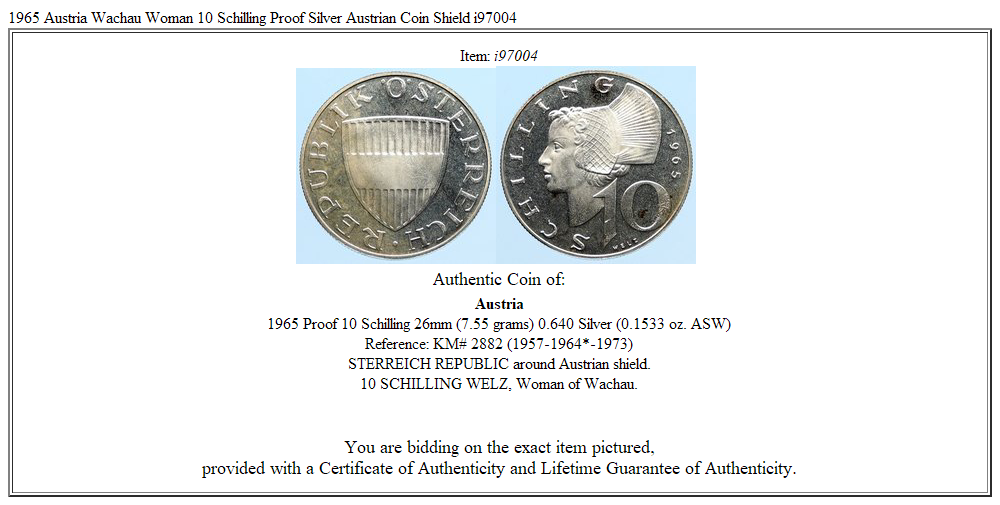 1965 Austria Wachau Woman 10 Schilling Proof Silver Austrian Coin Shield i97004