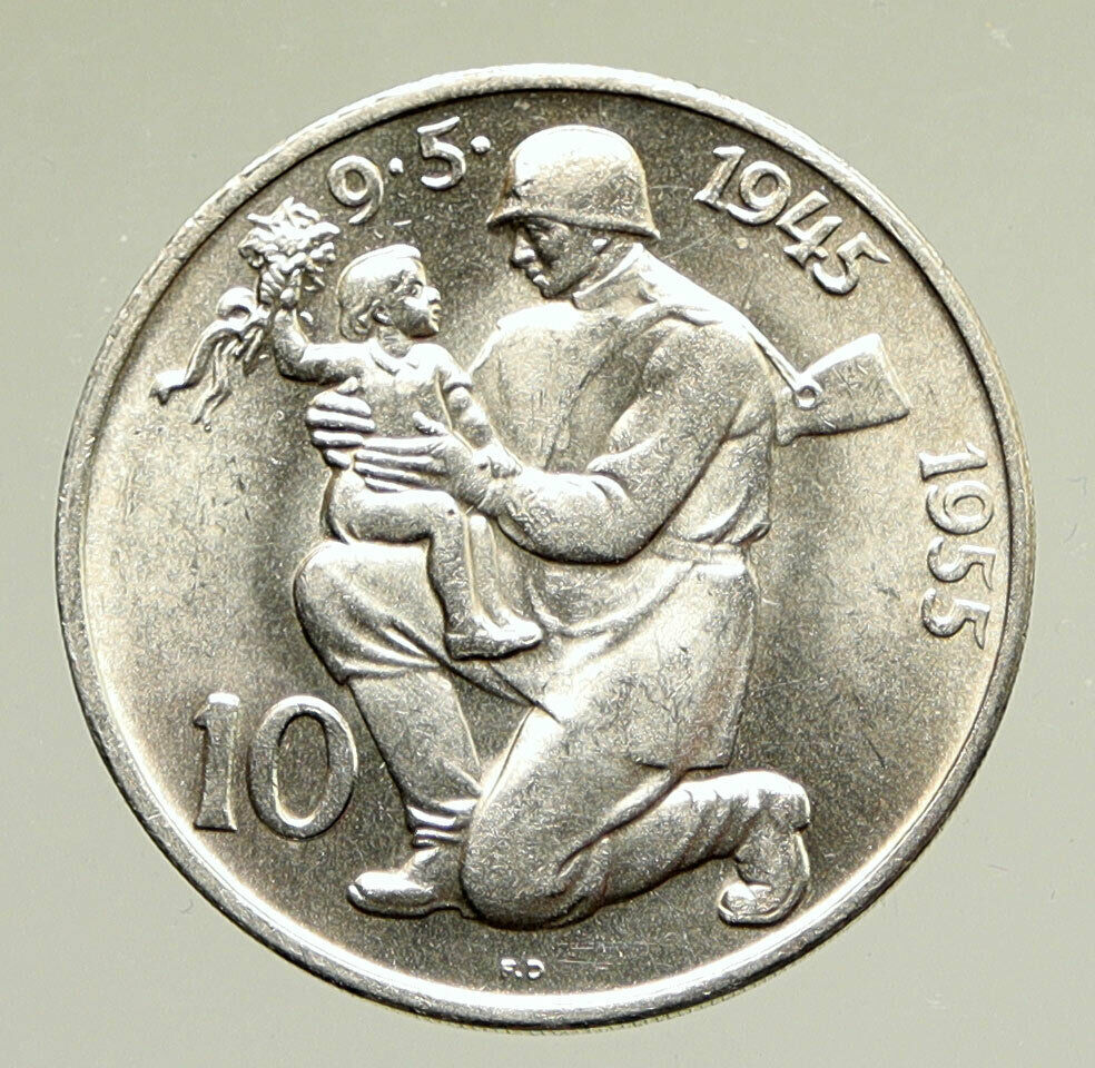 1955 CZECHOSLOVAKIA Soldier & Family LIBERATION Old Silver 10 Korun Coin i95229