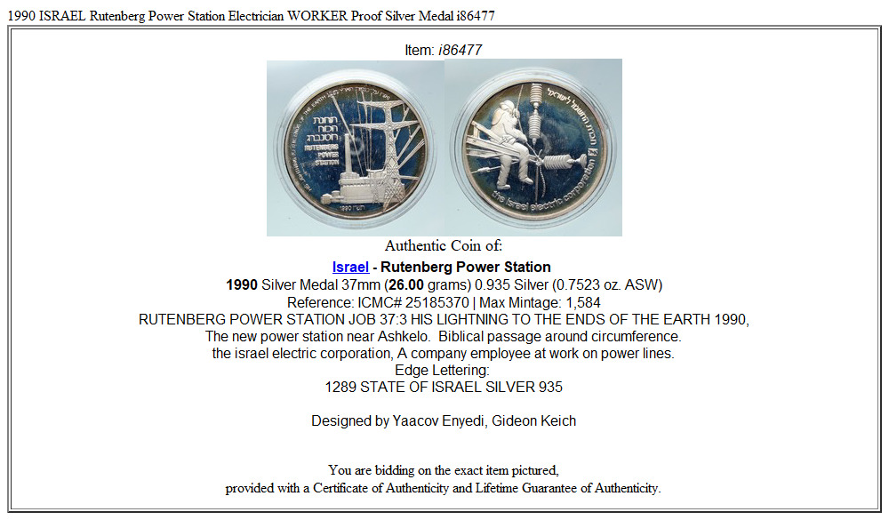 1990 ISRAEL Rutenberg Power Station Electrician WORKER Proof Silver Medal i86477