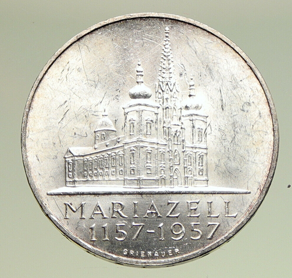 1957 AUSTRIA w MARIAZELL BASILICA Church Chapel Silver 25 Schilling Coin i94928