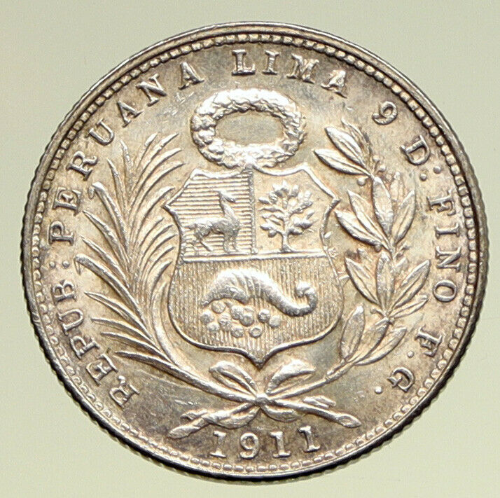 1911FG PERU South America VINTAGE ANTIQUE OLD Liberty Silver 1/5 SOL Coin i94964