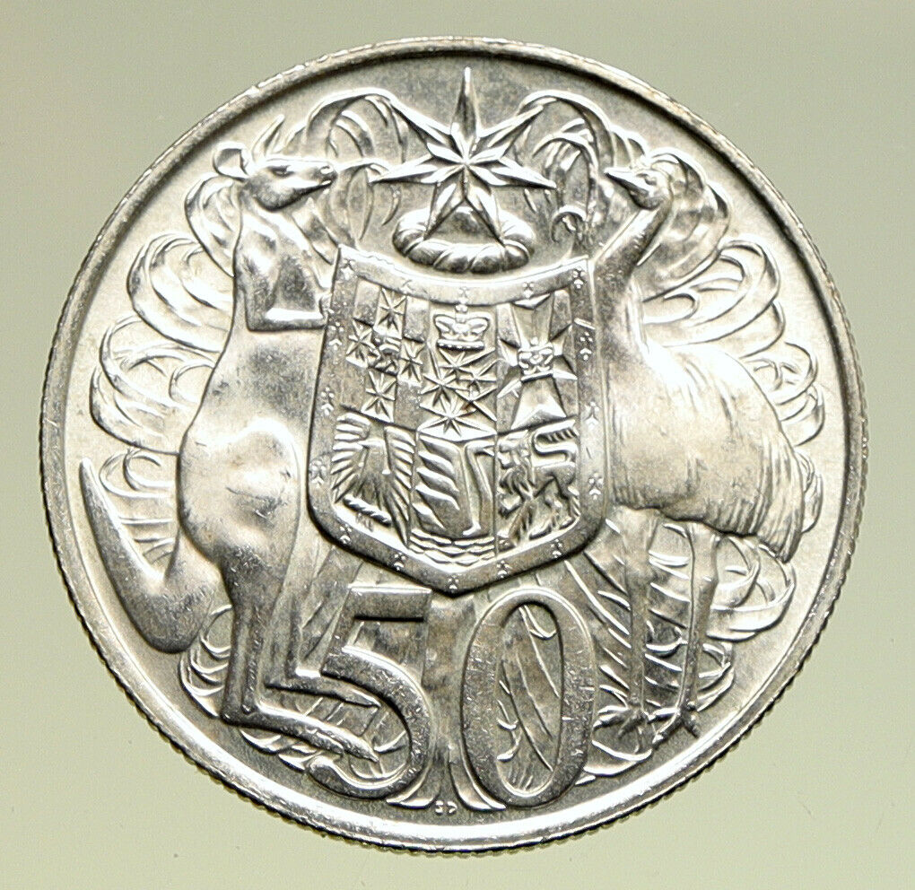 1966 AUSTRALIA UK Queen Elizabeth II with Kangaroos Silver 50 Cents Coin i94969