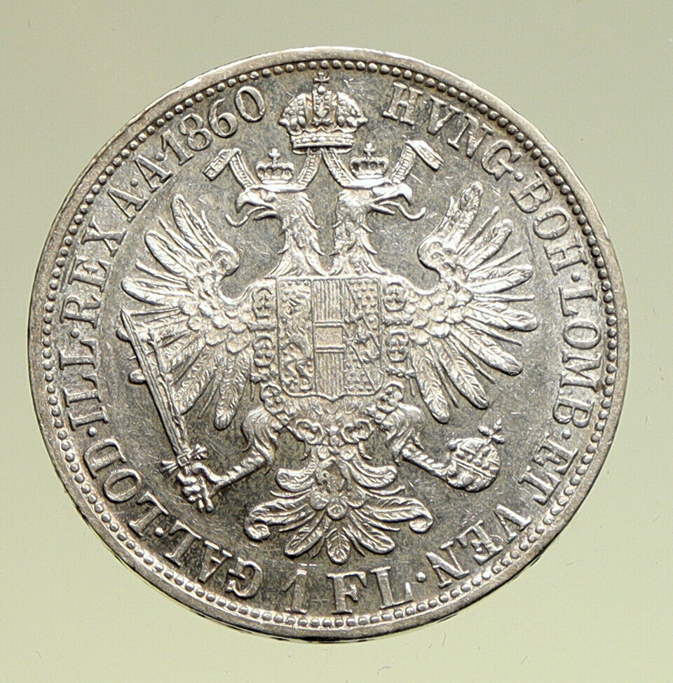 1860 A AUSTRIA w KING FRANZ JOSEPH I Eagle ANTIQUE OLD Silver Florin Coin i94956