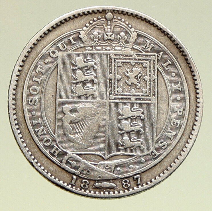 1887 UK Great Britain United Kingdom QUEEN VICTORIA Silver Shilling Coin i94962