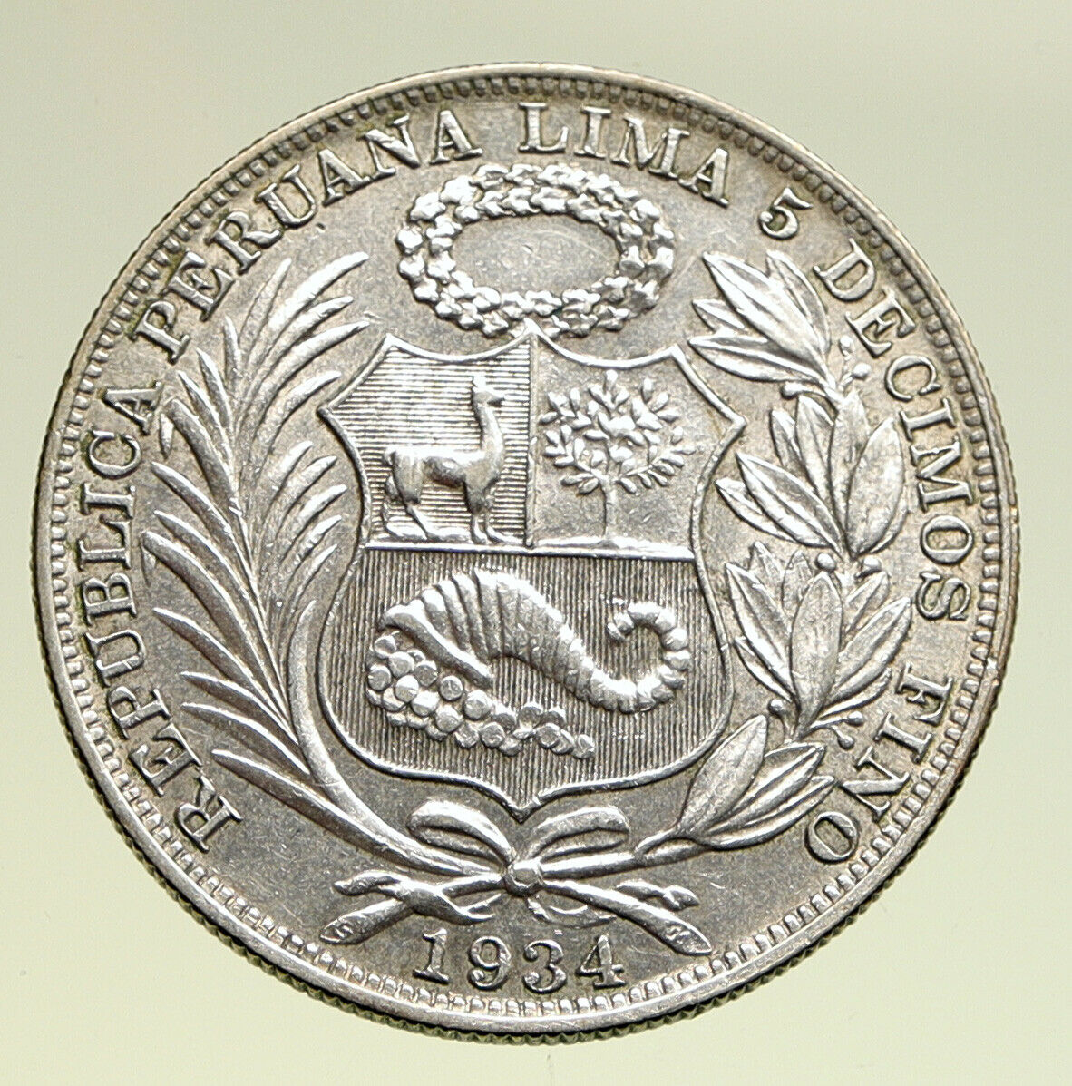 1934 PERU South America 1 SOL Antique BIG Original Silver Peruvian Coin i94957