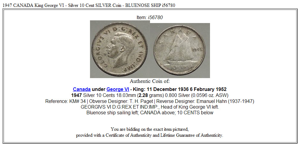 1947 CANADA King George VI - Silver 10 Cent SILVER Coin - BLUENOSE SHIP i56780