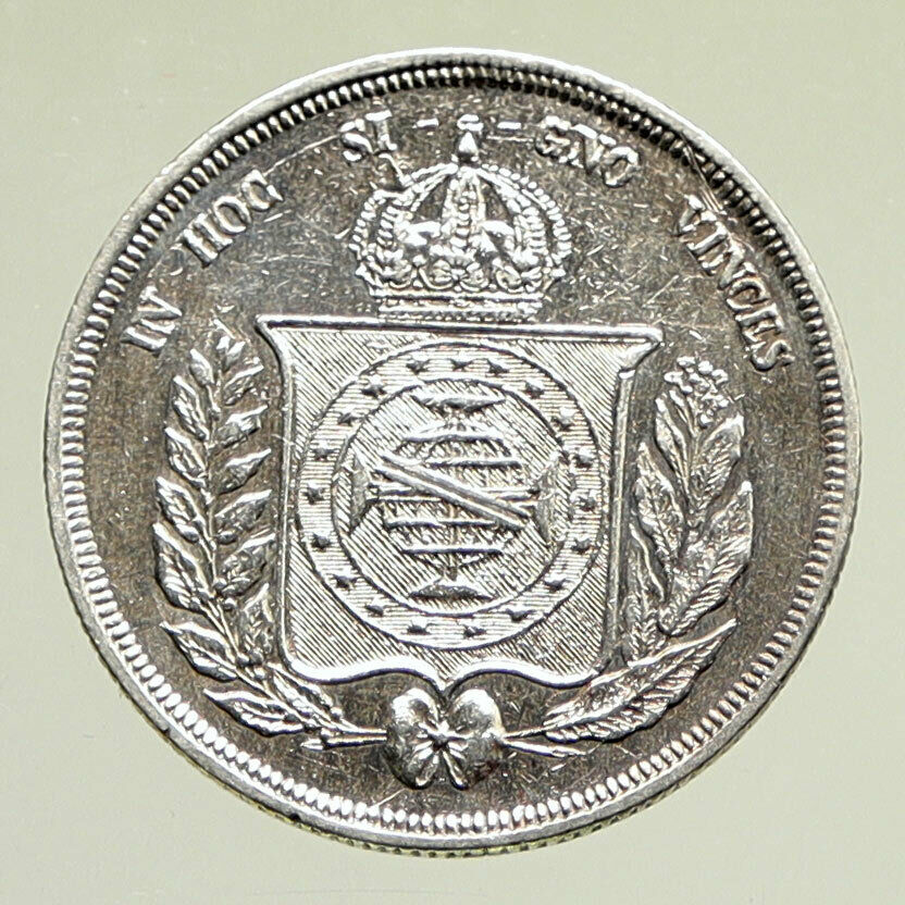 1855 BRAZIL Antique Brazilian Coat-Of-Arms Genuine Silver 500 Reis Coin i95211