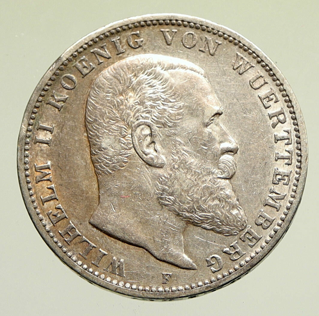 1911F Germany GERMAN STATES Wurttemberg WILHELM II Genuine Silver 3M Coin i95216