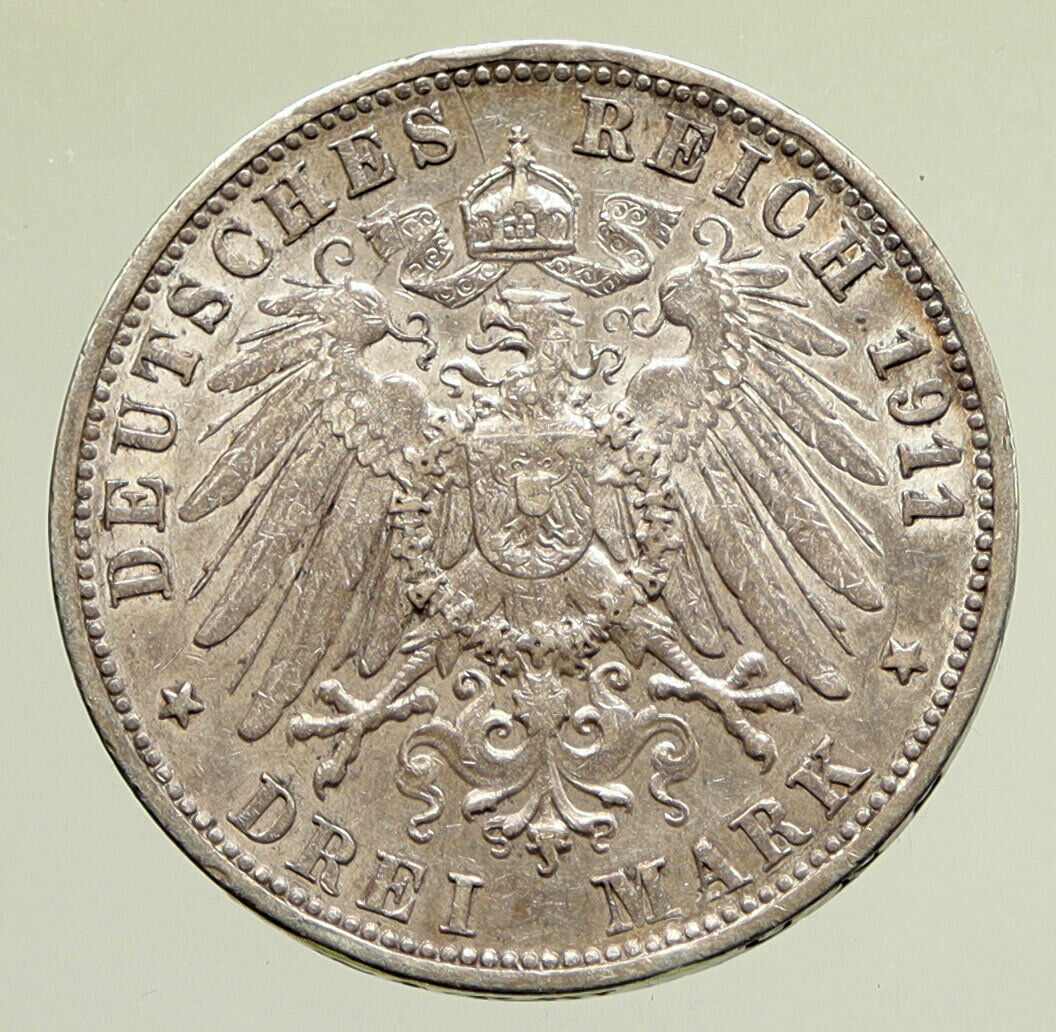 1911F Germany GERMAN STATES Wurttemberg WILHELM II Genuine Silver 3M Coin i95216