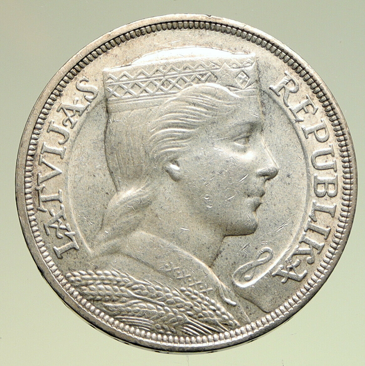 1931 LATVIA w Female Headwear 5 Lati LARGE Vintage Silver European Coin i94979