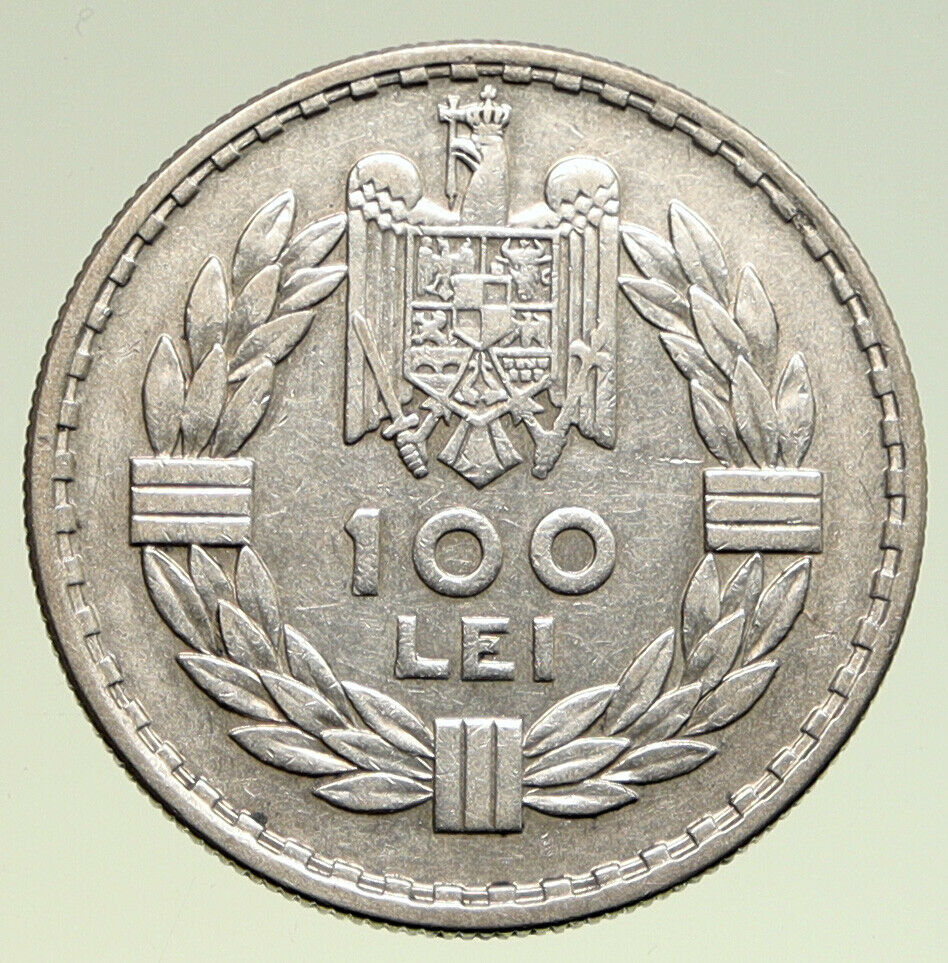 1932 ROMANIA King Carol II Eagle VINTAGE Old Silver 100 Lei Romanian Coin i94972