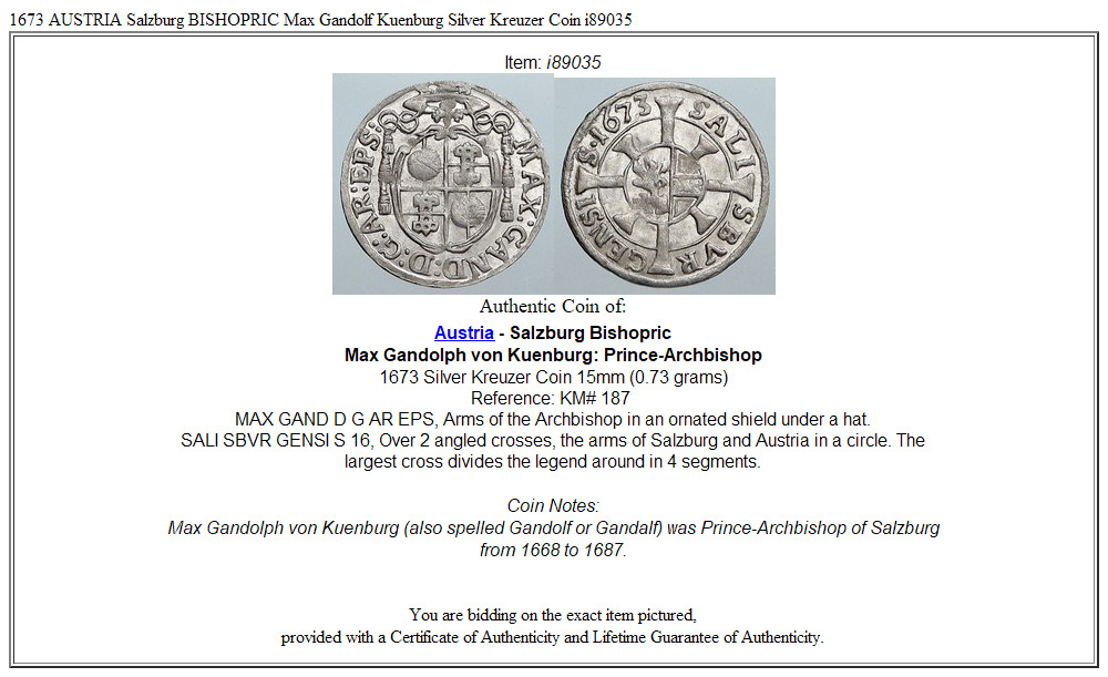 1673 AUSTRIA Salzburg BISHOPRIC Max Gandolf Kuenburg Silver Kreuzer Coin i89035