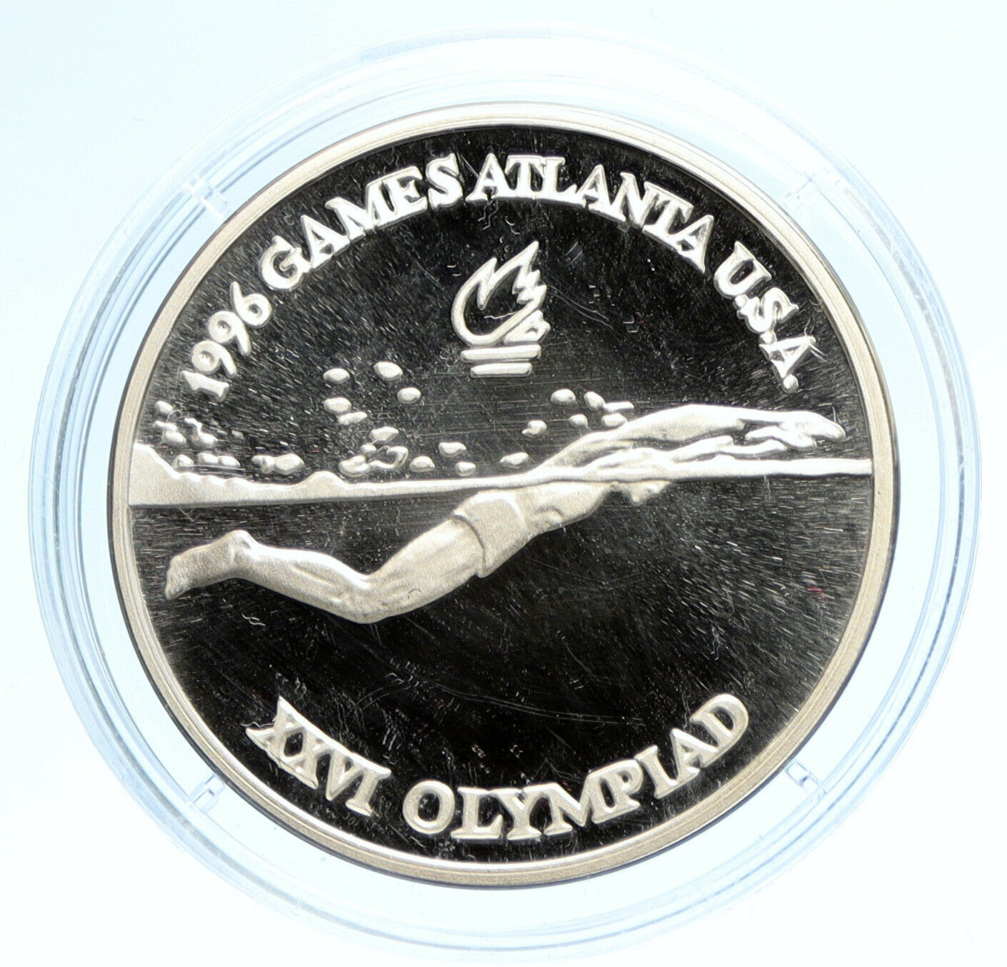 1996 ROMANIA US Atlanta Olympics SWIMMING Vintage OLD Proof 100 Lei Coin i95747