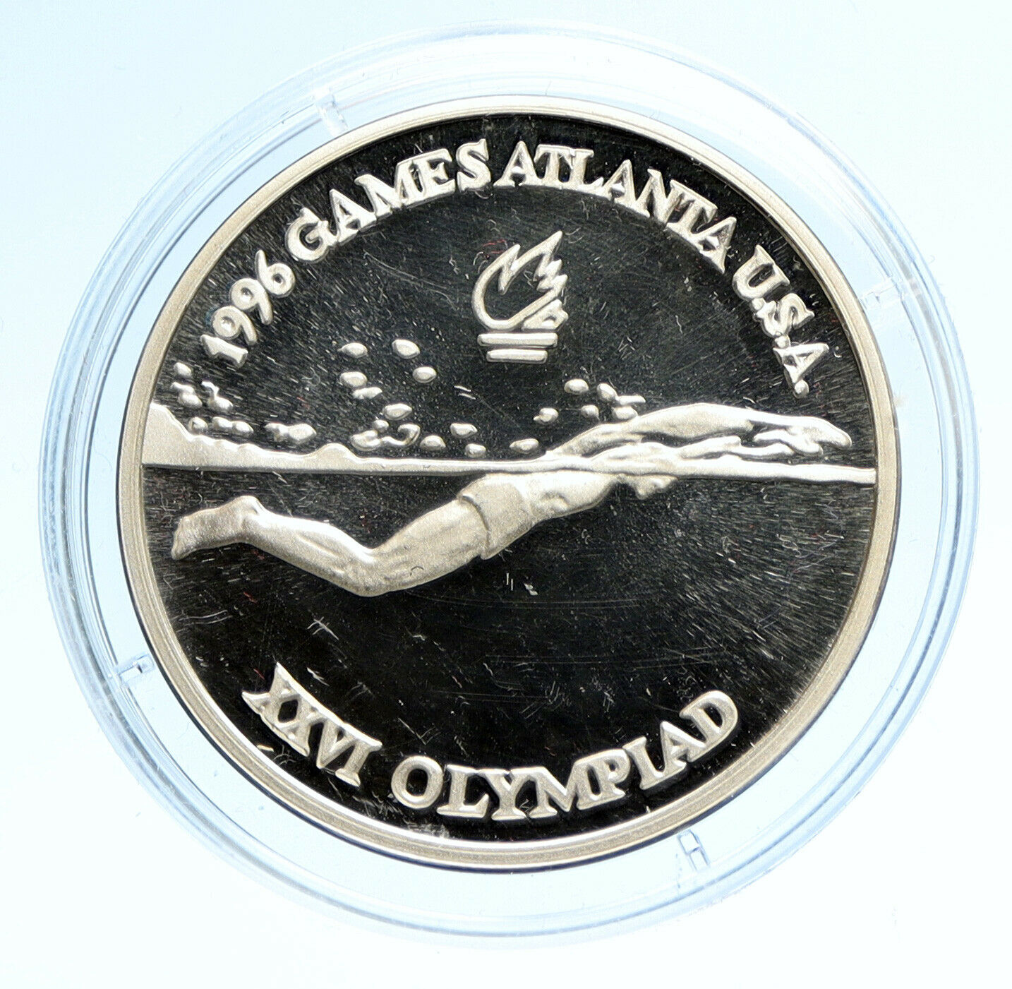 1996 ROMANIA US Atlanta Olympics SWIMMING Vintage OLD Proof 100 Lei Coin i95746