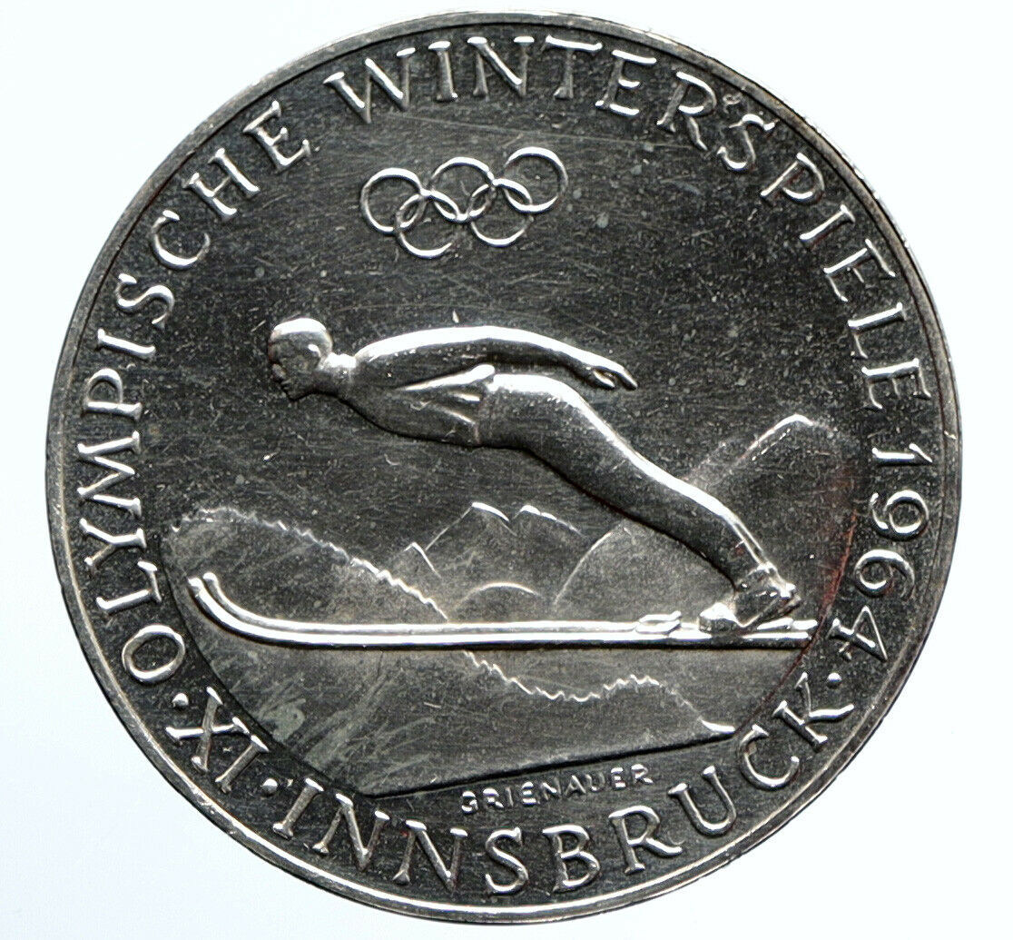 1964 AUSTRIA Innsbruck Winter Olympic Games SKIING OLD Silver 50Shlg Coin i95770