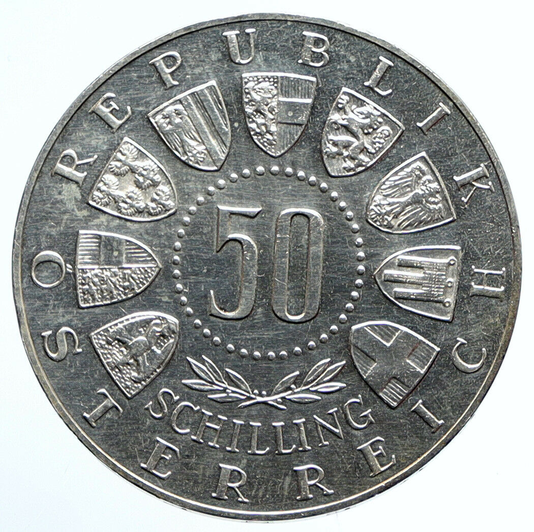 1964 AUSTRIA Innsbruck Winter Olympic Games SKIING OLD Silver 50Shlg Coin i95770