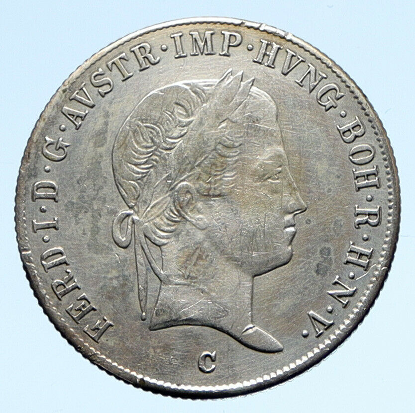 1841 C AUSTRIA Emperor FERDINAND I Antique Silver Coin 20 Kreuzer Eagle i95760