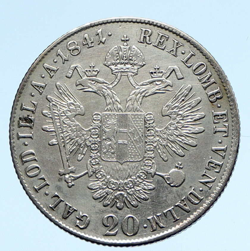 1841 C AUSTRIA Emperor FERDINAND I Antique Silver Coin 20 Kreuzer Eagle i95760