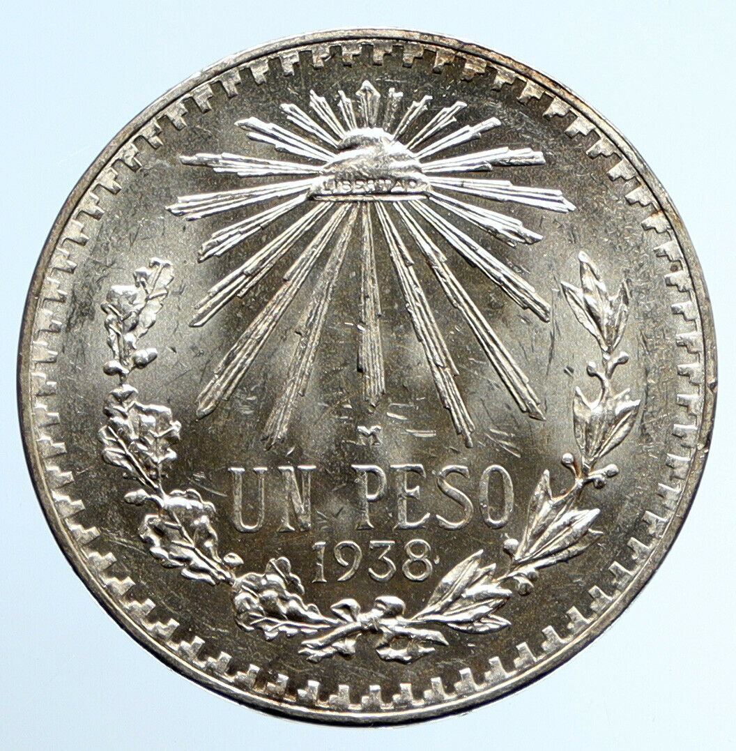 1938 Mo MEXICO Large Eagle Liberty Cap Mexican Antique Silver 1 Peso Coin i95764