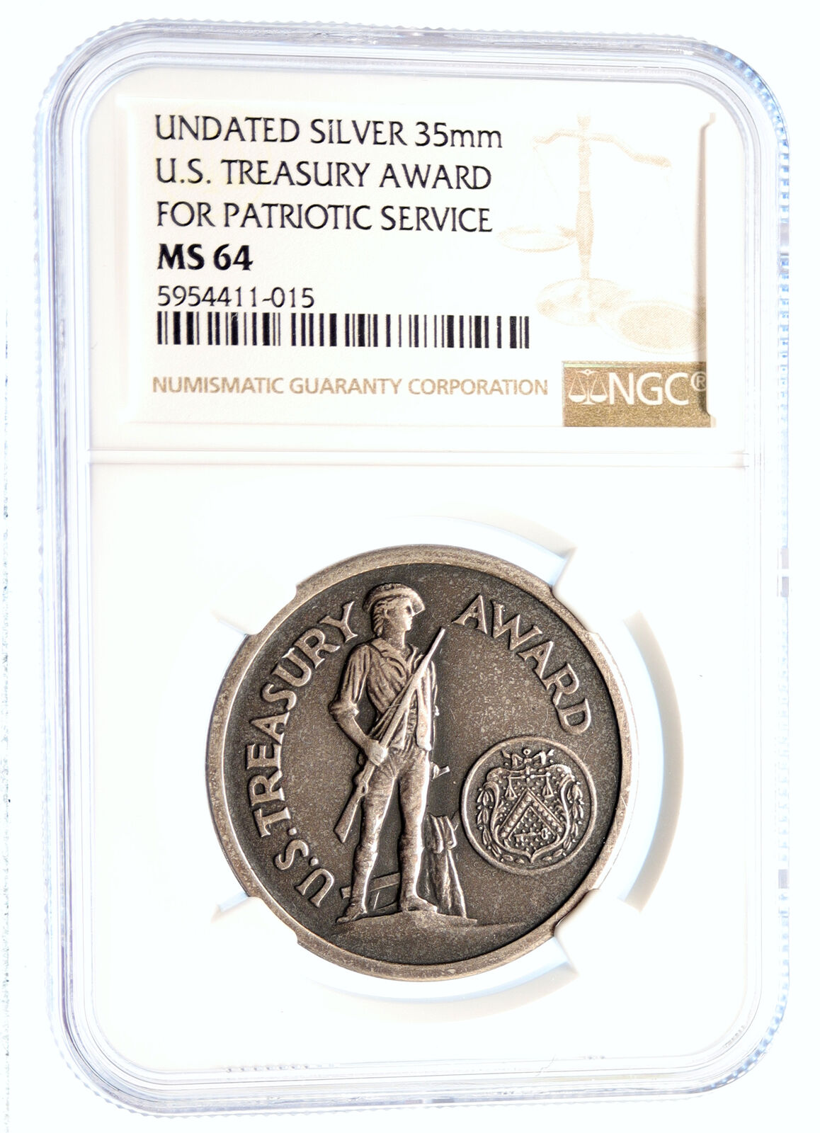 1945 UNITED STATES TREASURY AWARD War Finance Minuteman Silver Medal NGC i95554