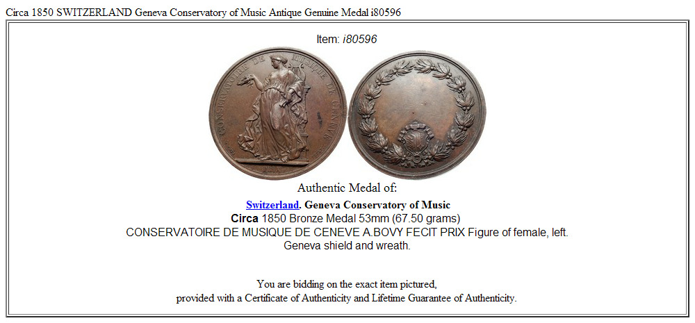 Circa 1850 SWITZERLAND Geneva Conservatory of Music Antique Genuine Medal i80596