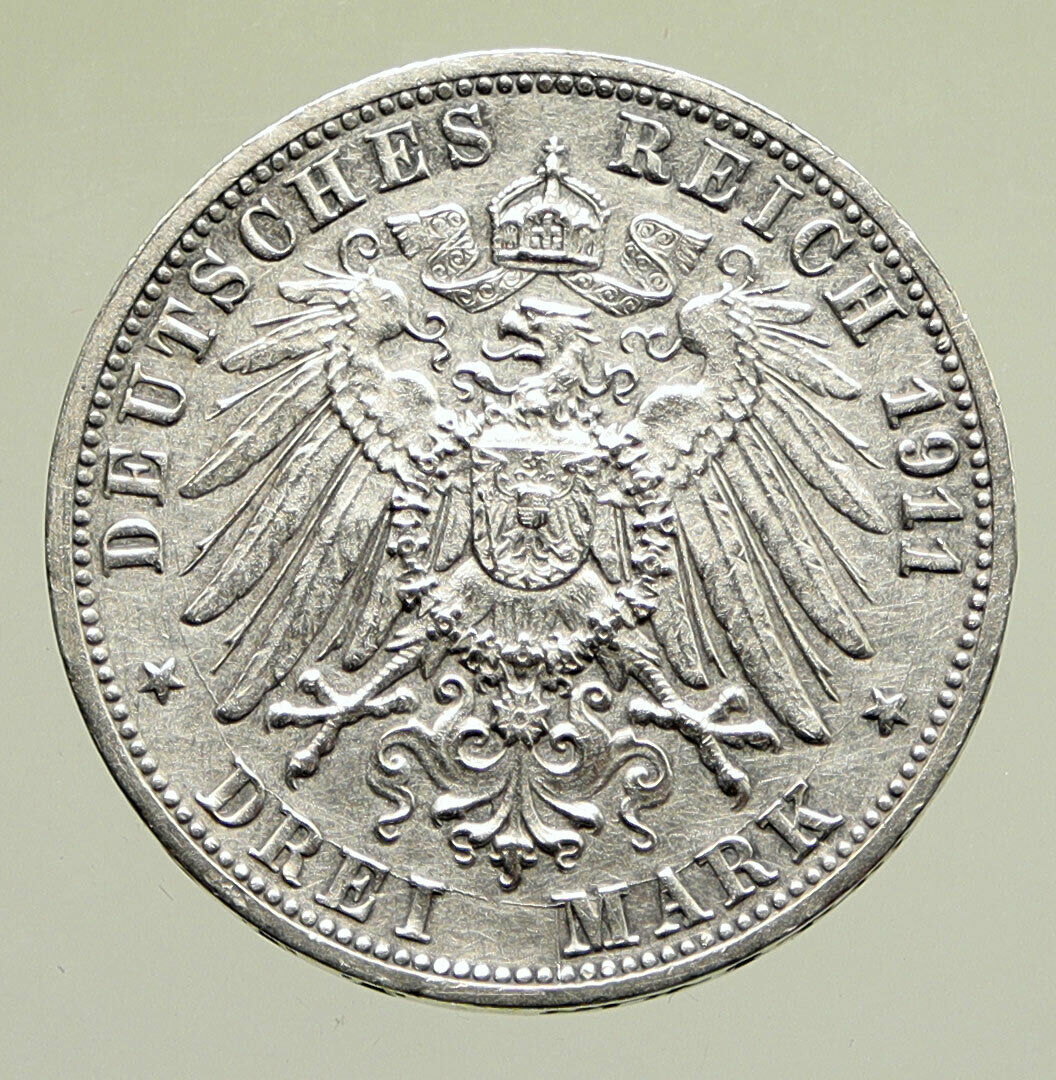 1911 F WURTTEMBERG KINGDOM Germany WILHELM II Wedding Silver 3 Mark Coin i95217