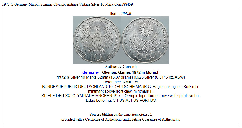 1972 G Germany Munich Summer Olympic Antique Vintage Silver 10 Mark Coin i88459