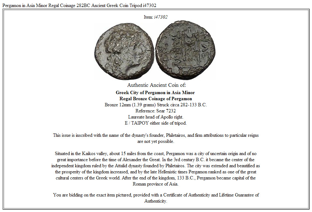 Pergamon in Asia Minor Regal Coinage 282BC Ancient Greek Coin Tripod i47302