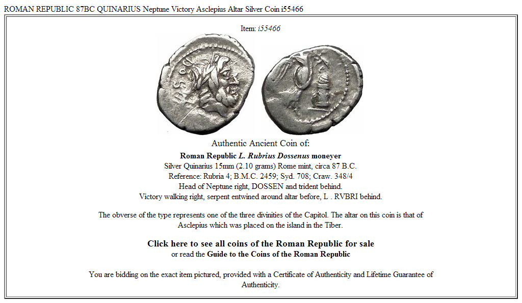 ROMAN REPUBLIC 87BC QUINARIUS Neptune Victory Asclepius Altar Silver Coin i55466