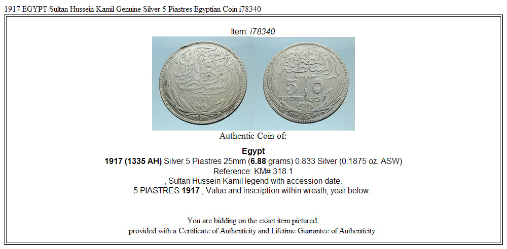 1917 EGYPT Sultan Hussein Kamil Genuine Silver 5 Piastres Egyptian Coin i78340