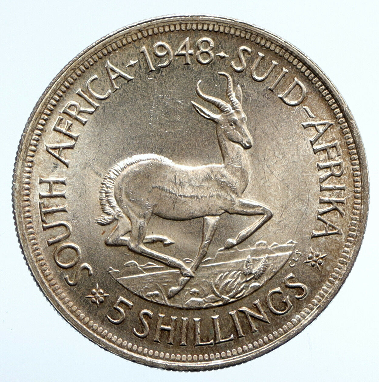 1948 SOUTH AFRICA George VI SPRINGBOK Deer Silver 5 Shillings LARGE Coin i95786