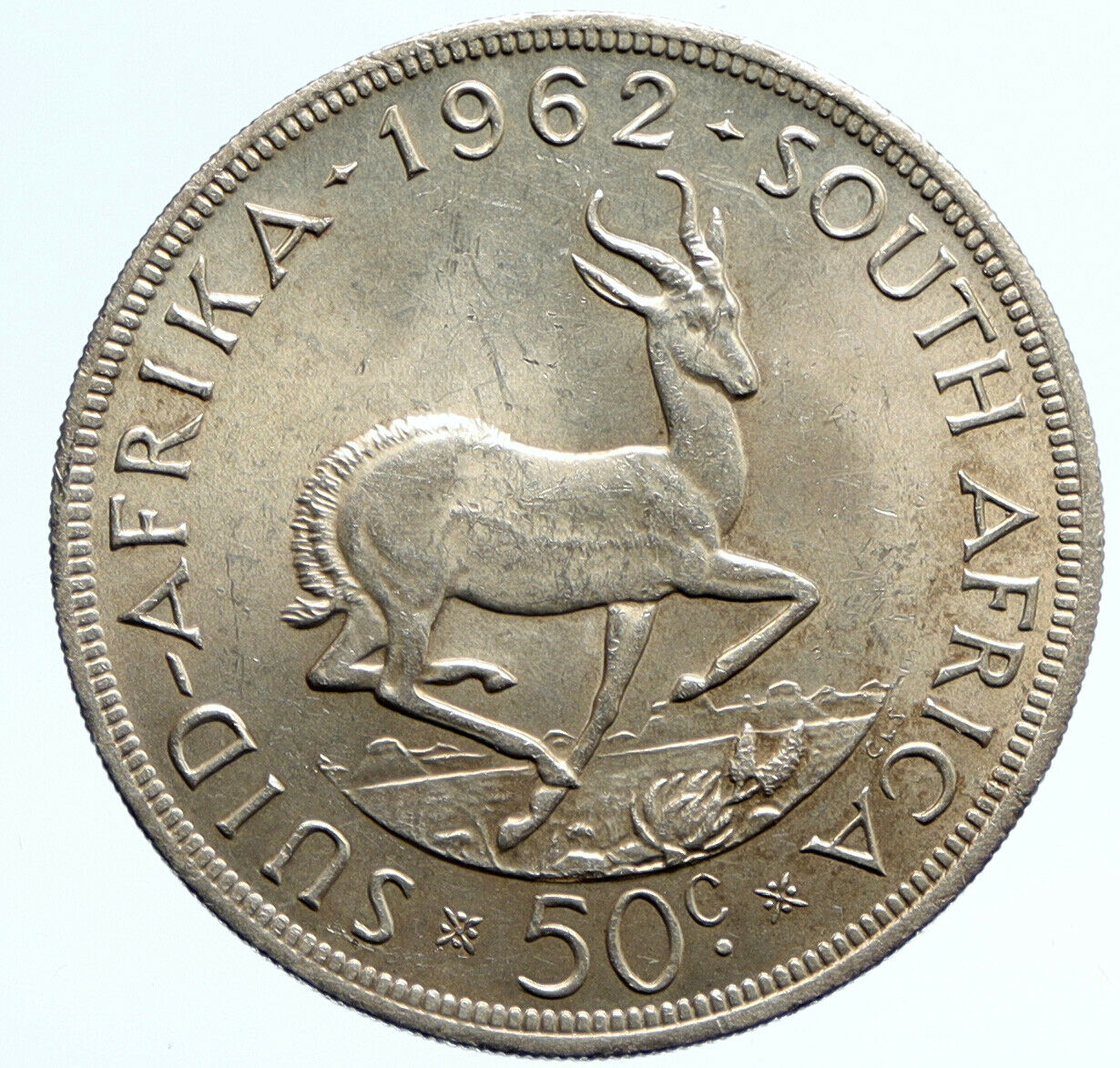 1962 SOUTH AFRICA Founder Jan van Riebeeck Deer OLD Silver 50 Cents Coin i95793