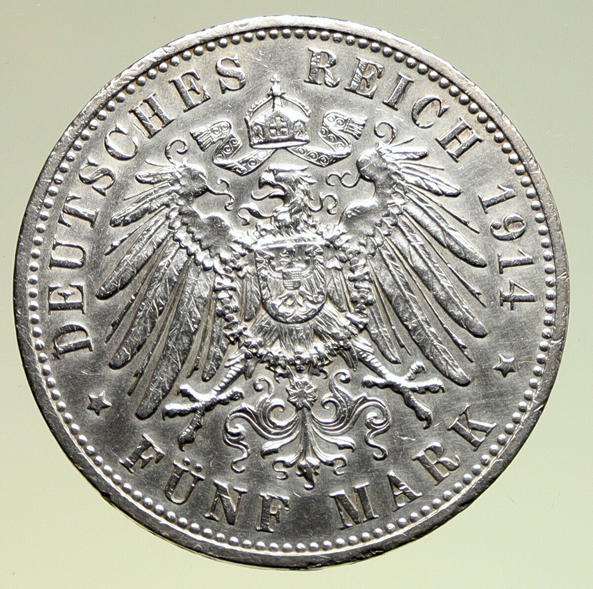 1914A GERMANY GERMAN STATES PRUSSIA WILHELM II Genuine Silver 5 Mark Coin i94997