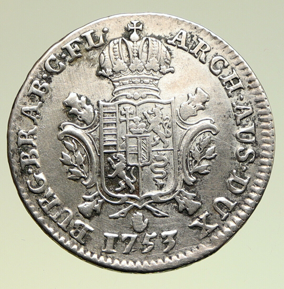 1753 BELGIUM Queen EMPRESS MARIA THERESIA Vintage Silver 1/2 Ducaton Coin i94995