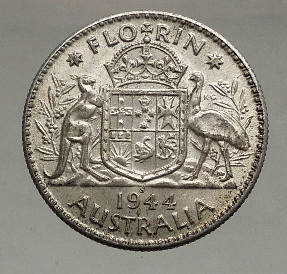 1944 AUSTRALIA - FLORIN Large SILVER Coin King George VI Coat-of-Arms i56694